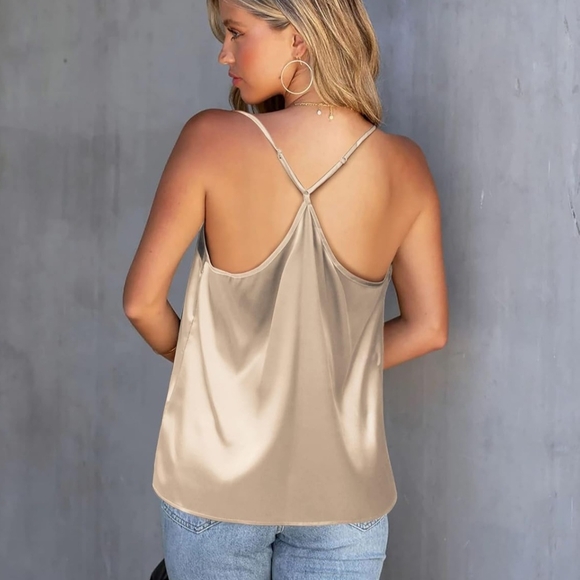 Cream V Neck Satin Babydoll Blouse With Sheer Top Accent & Adjustable Straps M - Picture 4 of 7